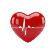 Glossy red heart symbol with white electrocardiogram line isolated on transparent background