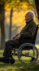 Obraz premium Elderly Man in Wheelchair Under Autumn Leaves