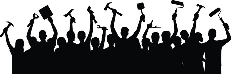 Silhouette of workers holding tools, teamwork concept, construction labor unity, skilled trades, manual work, industrial effort, black background, protest style