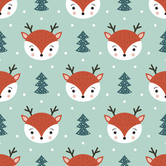 Cute deer seamless pattern. Christmas and New Year festive background. Winter seamless pattern with funny woodland forest reindeer, Christmas trees and snow. Blue background. Cartoon vector illustrati