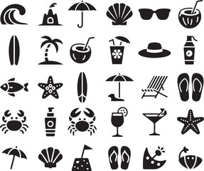 Beach vacation icons wave surfboard crab starfish umbrella