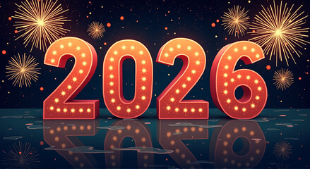 Happy New Year 2026 celebration background with festive lights and glowing typography
