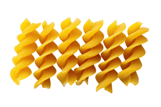 Five golden spirals of dry pasta arranged in a row