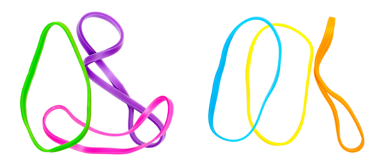 dynamic arrangement of vibrant rubber bands intertwined to form a lively and energetic abstract design, ideal for youthful and playful projects and concepts