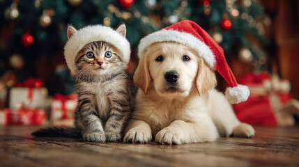 Cute kitten and golden retriever puppy wearing festive hats sit together in front of beautifully decorated Christmas tree, radiating joy and holiday spirit