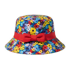 Colorful floral print bucket hat with red bow detail