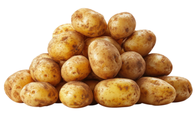 A large pile of fresh, raw potatoes with brown skins
