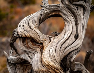 Twisted, weathered tree trunk, a natural arch, framed by soft background