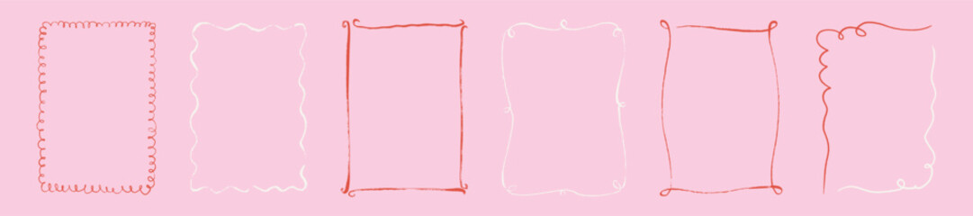 Set of hand drawn doodle romantic pink whimsical frames. Chalk, crayon, pastel, charcoal, pencil coquette drawing. Vintage boarder for wedding, valentines day, Christmas, bachelorette background