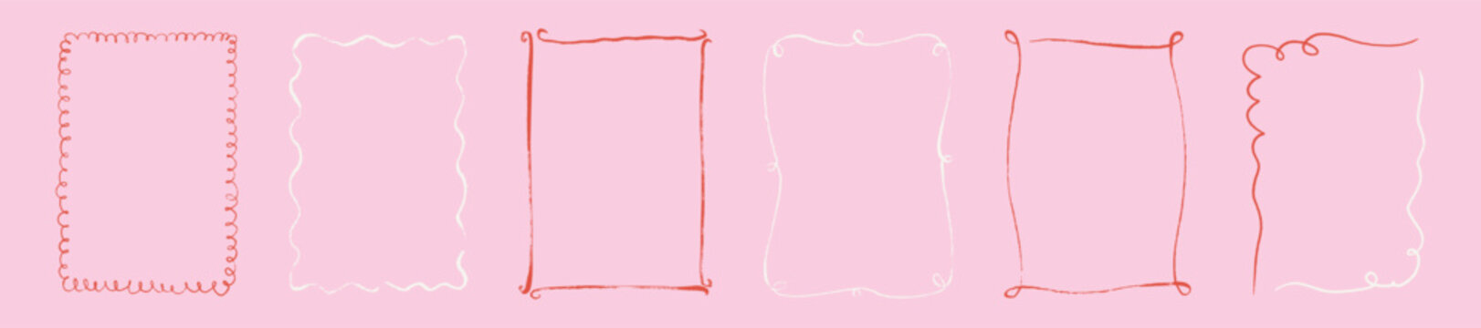 Set of hand drawn doodle romantic pink whimsical frames. Chalk, crayon, pastel, charcoal, pencil coquette drawing. Vintage boarder for wedding, valentines day, Christmas, bachelorette background