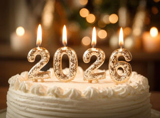 Festive birthday cake topped with sparkling candles shaped like numbers 2026, radiating warmth and joy. soft glow of candles enhances celebratory atmosphere, perfect for marking special occasion