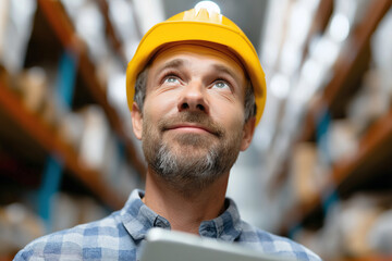 A man in a yellow hard hat looks up thoughtfully in a warehouse filled with shelves of supplies.
