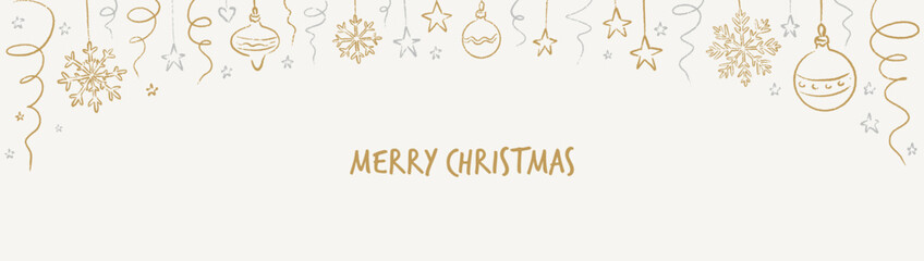 Hand drawn doodle Merry Christmas and Happy New Year party celebration line gold and silver background with Christmas tree bauble, ball, snowflake, tinsel, streamer, star decoration. Crayon scribble