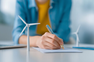A person writing on paper with a pen, surrounded by miniature wind turbines, symbolizing sustainable energy and innovation.