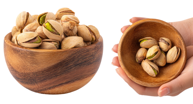 Two bowls of pistachios, one large, one small, held in hand