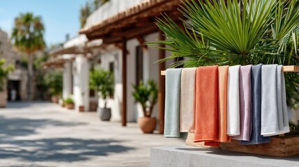Vibrant Colorful Beach Towels Hanging Outdoors on a Sunny Day with Traditional Architecture in the Background