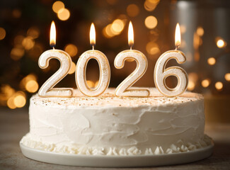 Beautiful white birthday cake topped with year 2026 in candle form, surrounded by warm, festive atmosphere with soft bokeh lights in background. scene evokes sense of celebration and joy