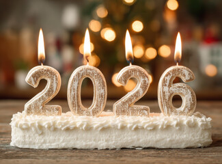Festive birthday cake features year 2026 represented by decorative candles, each flickering brightly. cake is adorned with creamy frosting, creating joyful atmosphere perfect for celebrations