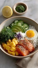 Vibrant Colorful Poke Bowl With Salmon Avocado Mango Rice Egg and Cucumber Sprinkled With Sesame Seeds and Fresh Herbs on a Marble Countertop