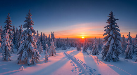 Snowy landscape with footprints leading to a sunset over a forest of snow-covered pine trees during winter.