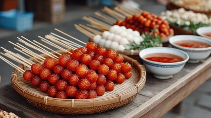 Vibrant Food Market Display of Skewered Red Glazed Bites and Savory Snacks in Soft Natural Light