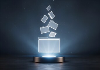 Digital Data Organization: Glowing Folders Floating Upward from Futuristic Base
