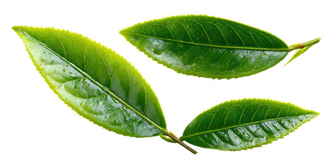 Fototapeta premium Three vibrant green leaves with delicate veins and dew drops