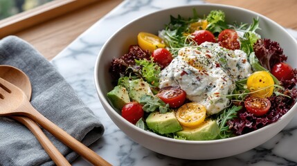 Vibrant Fresh Salad In White Bowl With Creamy Topping Avocado Tomatoes And Mixed Greens With Wooden Utensils On Marble Surface