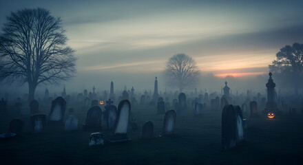 Spooky Cemetery at Dusk with Fog and Carved Pumpkins