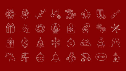 Christmas and New Year line icon set. Minimal festive outline symbols collection on red background. Holiday decoration, celebration and winter elements.