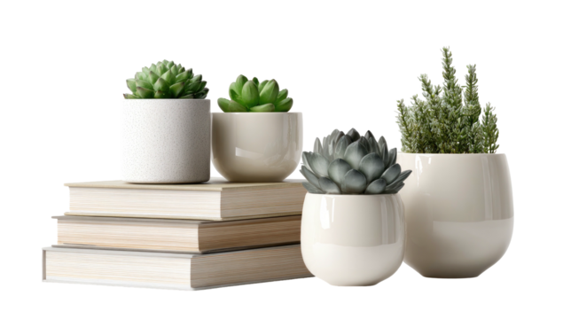 Small potted plants displayed on a stack of books