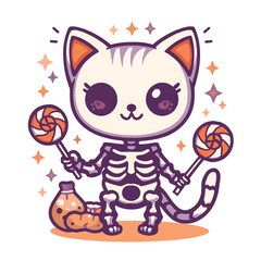 Obraz premium Adorable Kawaii Cat Skeleton with Halloween Candy and Lollipops Vector Illustration, Cute Halloween Character with Stars and Sweet Design