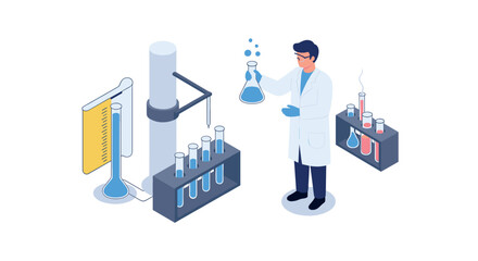 Scientist working in modern laboratory with chemical equipment in isometric design