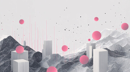 Abstract digital landscape with geometric mountains, pink spheres, and white towers