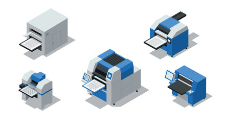 Isometric set of modern industrial printers for commercial use