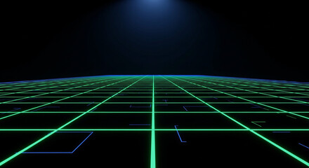  Dark background with illuminated virtual reality gridlines extending into the distance Simple, glowing green or blue grid lines on a black canvas, creating a sense of infinite digital space. Virtual 