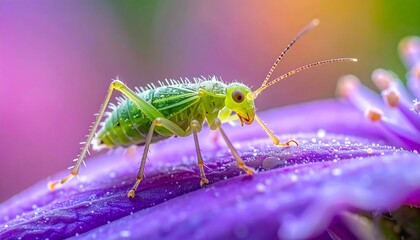 Vibrant green insect on a purple flower