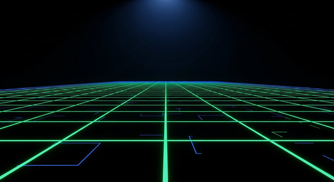  Dark background with illuminated virtual reality gridlines extending into the distance Simple, glowing green or blue grid lines on a black canvas, creating a sense of infinite digital space. Virtual 