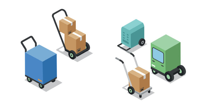 Isometric delivery carts and boxes on a white background