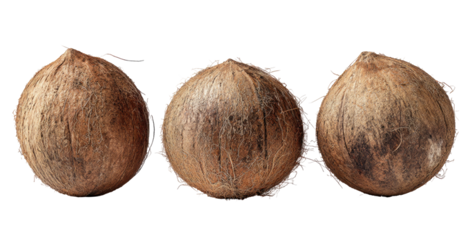 Three whole coconuts with fibrous brown exteriors against black