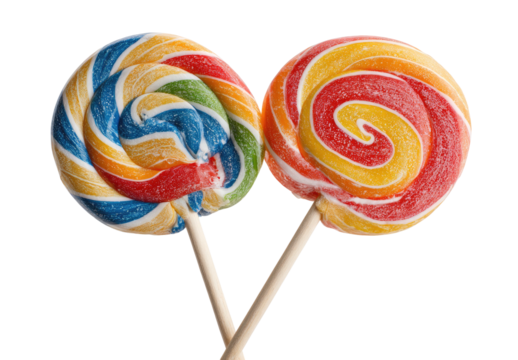 Two colorful swirled lollipops on sticks against a black background (1)