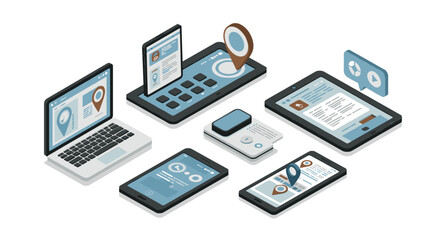 Isometric digital devices with navigation icons and interface mockups