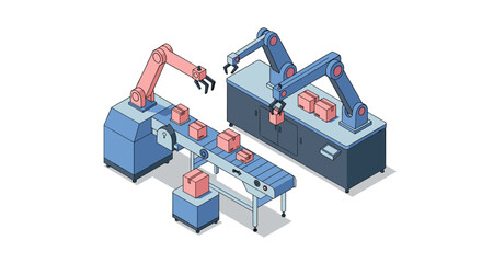 Obraz premium Advanced robotics automation system in factory setting with conveyor and robotic arms