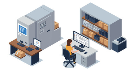 Obraz premium Isometric office workspace with server room and storage shelves