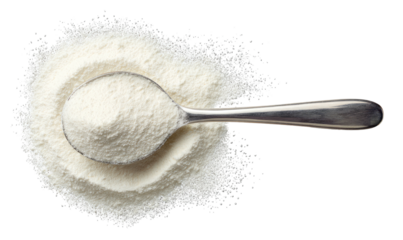 Spoon of white powder on black background