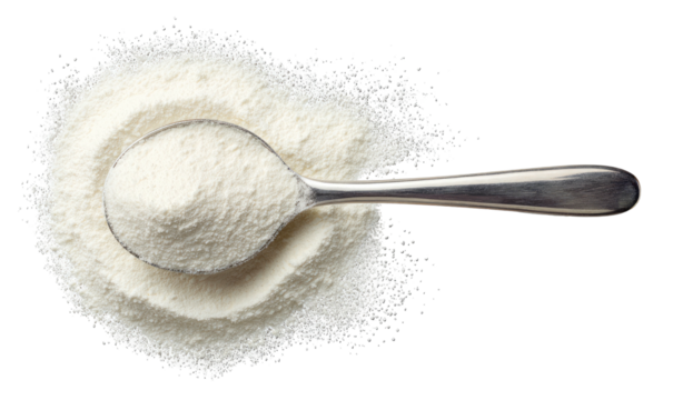 Spoon of white powder on black background