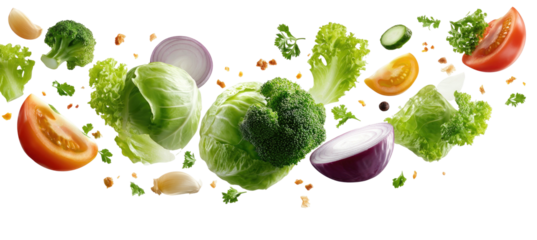 Assortment of fresh, vibrant vegetables and herbs creatively arranged