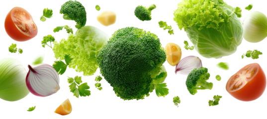 Fresh assortment of floating healthy vegetables against a dark backdrop