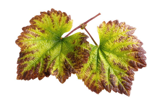 Two browning, yellowing leaves on a dark background
