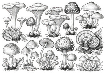 Detailed black and white collection of various wild mushrooms botanical study art isolated on transparent background